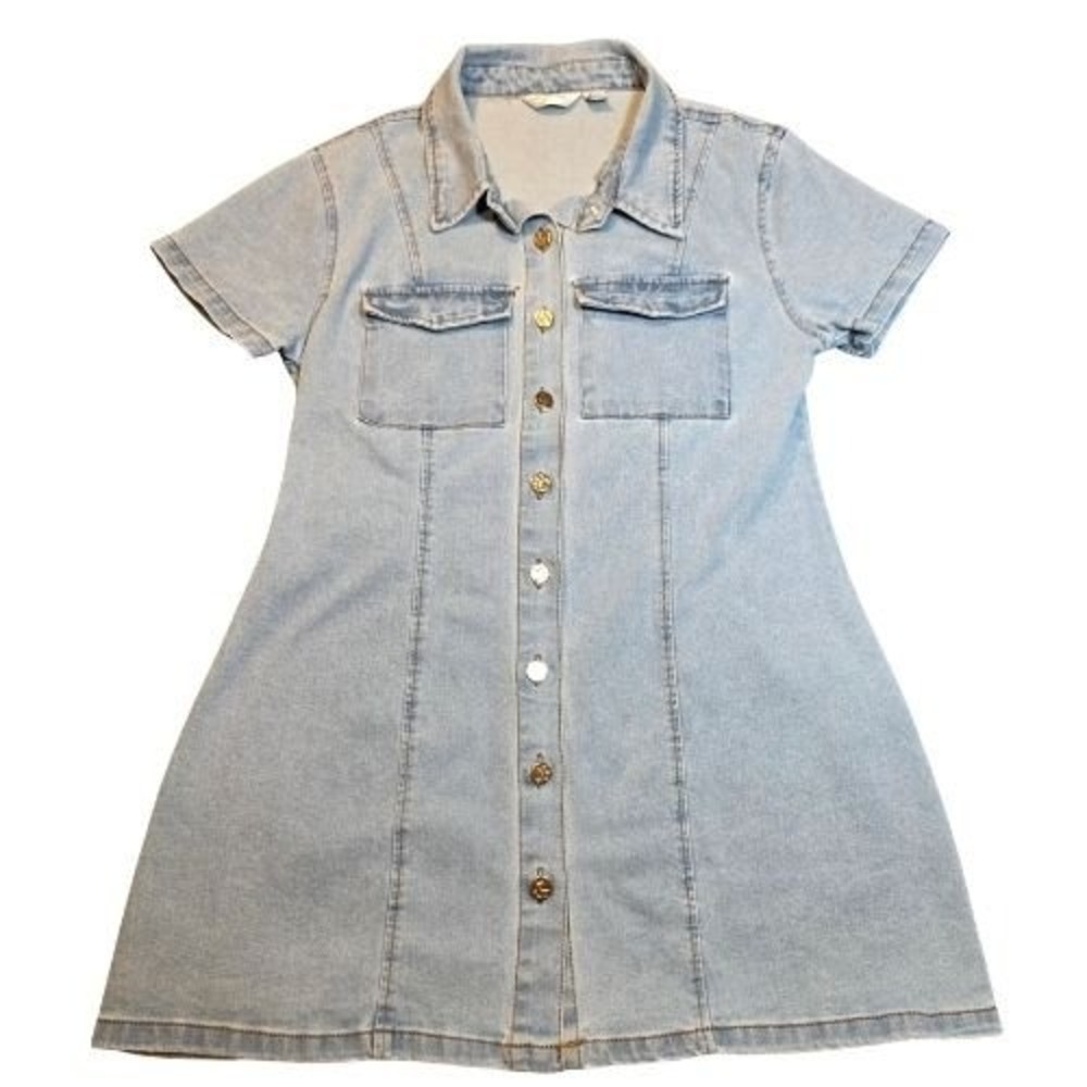 Vigoss Womens L Light Wash Blue Denim Button Front Mini Dress Country Western